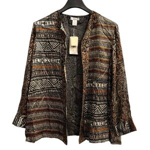 Laura Ashley Kimono Silk Burnout Velvet Dark Geometric Open Front Topper Size 2X